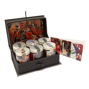 Handmade personalized luxury gift box with hazelnut, orange, dark chocolate almond, chilli, assorted coffee and licorice dragées.