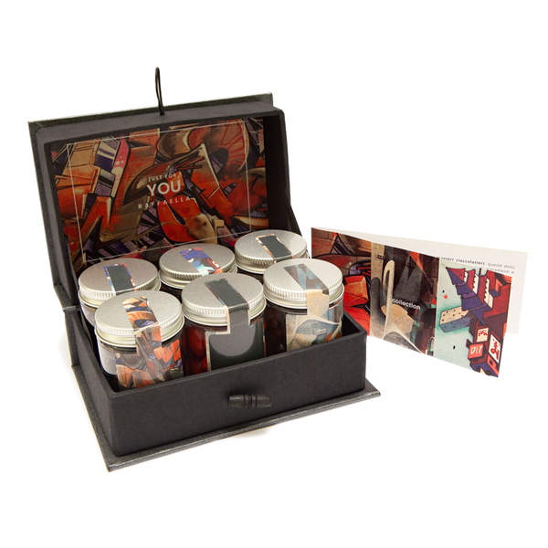 Handmade personalized luxury gift box with hazelnut, orange, dark chocolate almond, chilli, assorted coffee and licorice dragées.