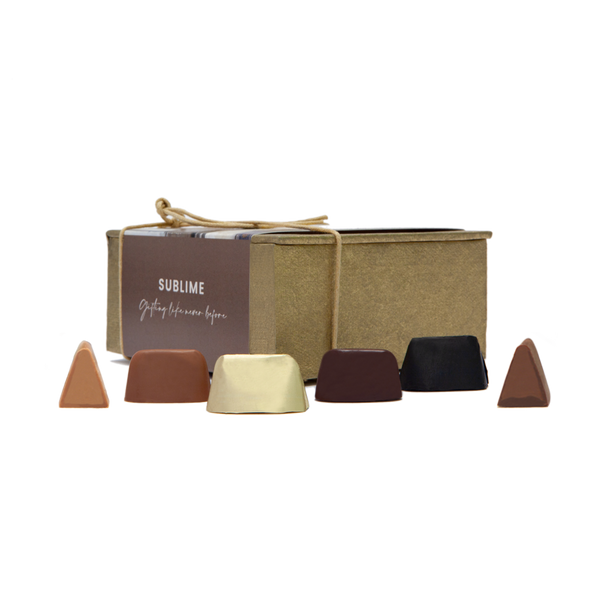 Handmade personalized luxury gift box with dark pralined chocolate mini Gianduiotto and classic pralined mini Gianduiotto.