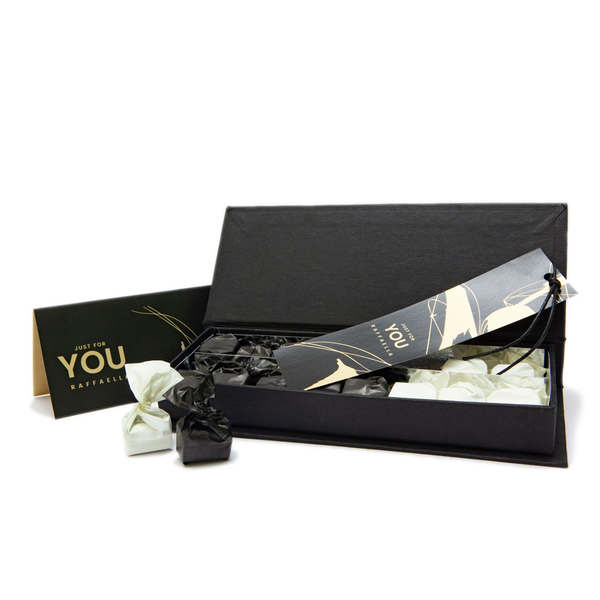 Handmade personalized luxury gift box with extra dark truffles and white truffles.