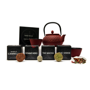 Handmade luxury gift box with: matcha tea and goji berries biscuits, black sesame cookies, spiced biscuits ginger and cinnamon, spiced green tea.