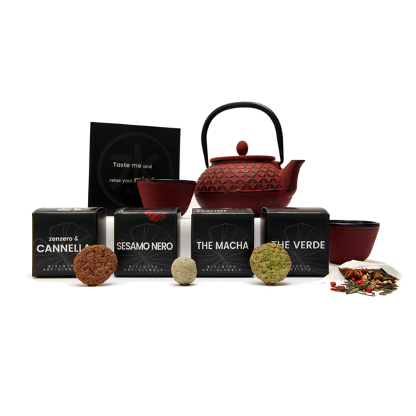 Handmade luxury gift box with: matcha tea and goji berries biscuits, black sesame cookies, spiced biscuits ginger and cinnamon, spiced green tea.